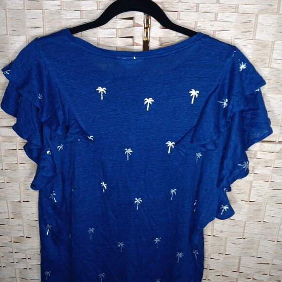 Chico's Foiled Flutter Sleeve Linen Tee Navy Palm Trees Embroidered NWT 12 14 - Picture 5 of 9